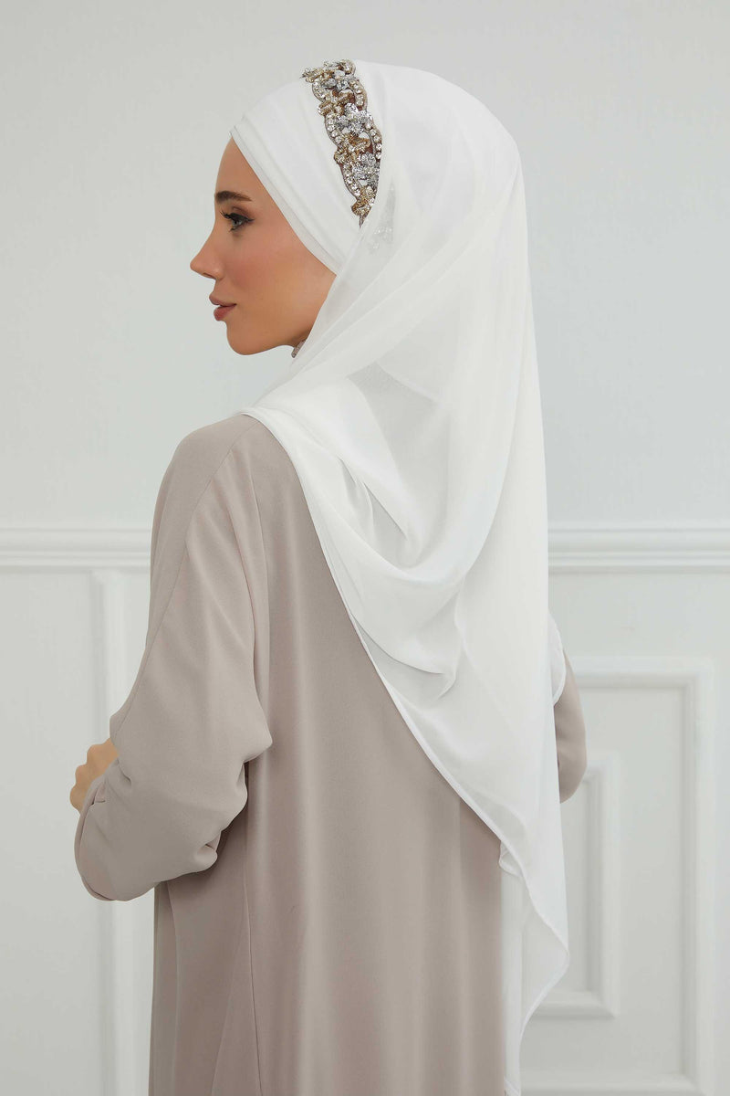 Luxuriöser Abend-Hijab mit eleganten Accessoires, Chiffon-Hochzeits-Hijab für besondere Anlässe mit goldenen oder silbernen Accessoire-Optionen, CPS-100