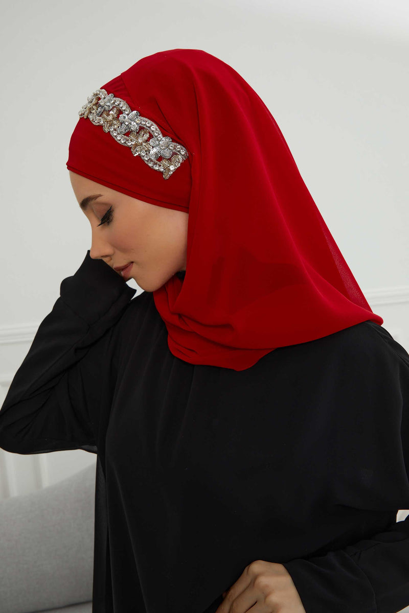 Luxuriöser Abend-Hijab mit eleganten Accessoires, Chiffon-Hochzeits-Hijab für besondere Anlässe mit goldenen oder silbernen Accessoire-Optionen, CPS-100