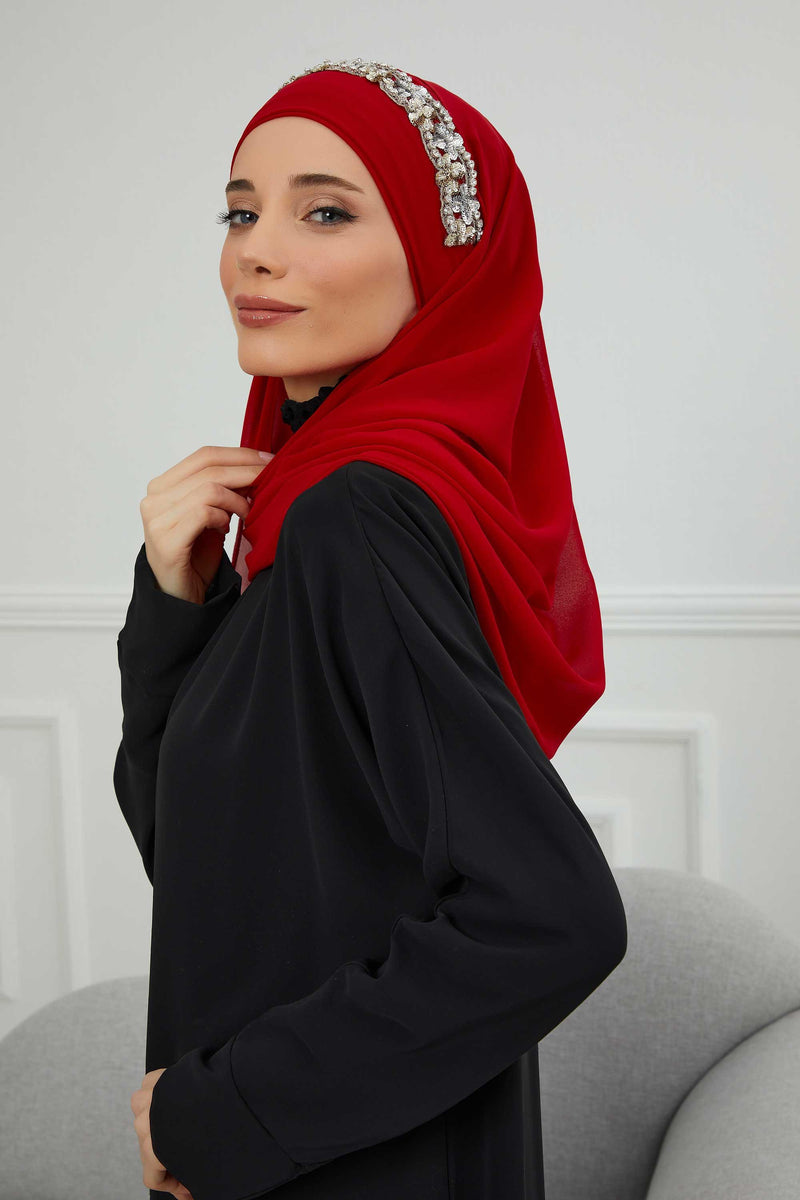 Luxuriöser Abend-Hijab mit eleganten Accessoires, Chiffon-Hochzeits-Hijab für besondere Anlässe mit goldenen oder silbernen Accessoire-Optionen, CPS-100