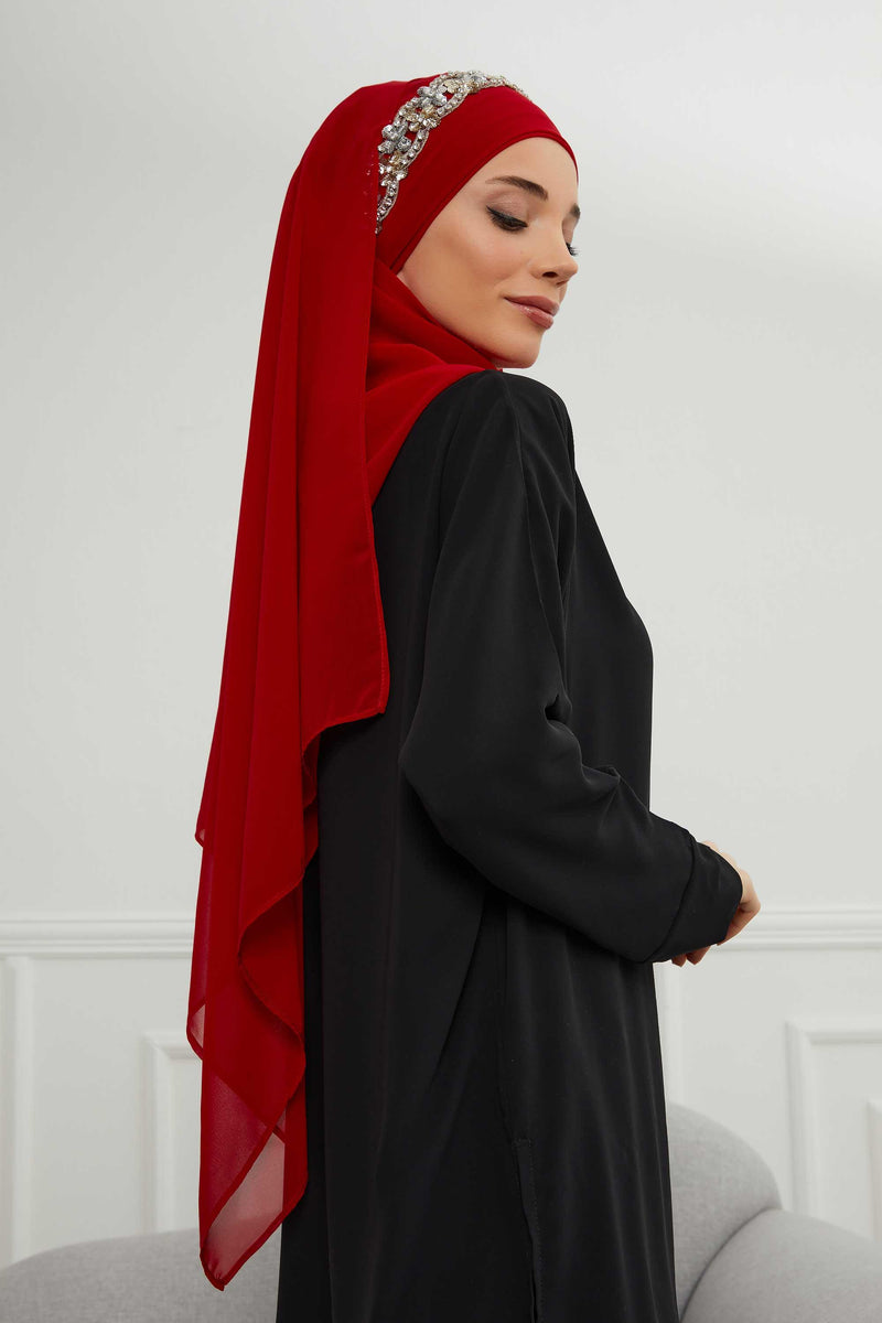 Luxuriöser Abend-Hijab mit eleganten Accessoires, Chiffon-Hochzeits-Hijab für besondere Anlässe mit goldenen oder silbernen Accessoire-Optionen, CPS-100