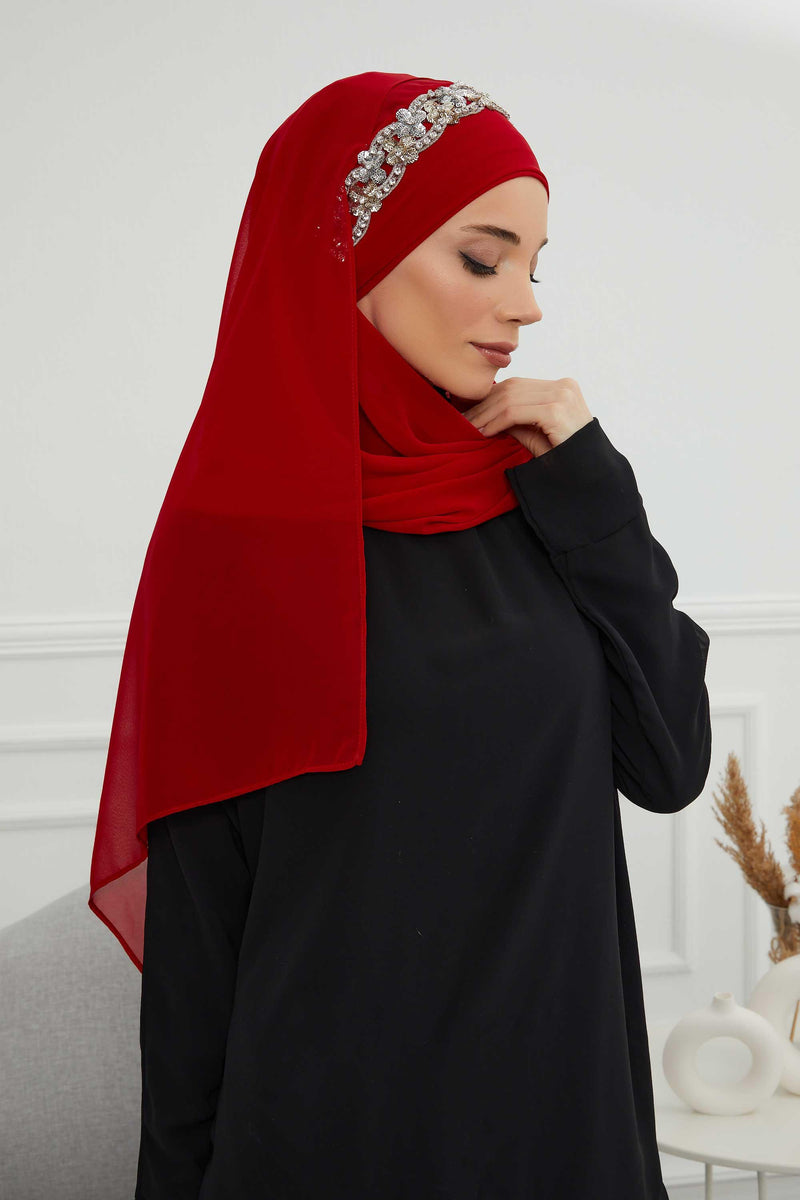 Luxuriöser Abend-Hijab mit eleganten Accessoires, Chiffon-Hochzeits-Hijab für besondere Anlässe mit goldenen oder silbernen Accessoire-Optionen, CPS-100