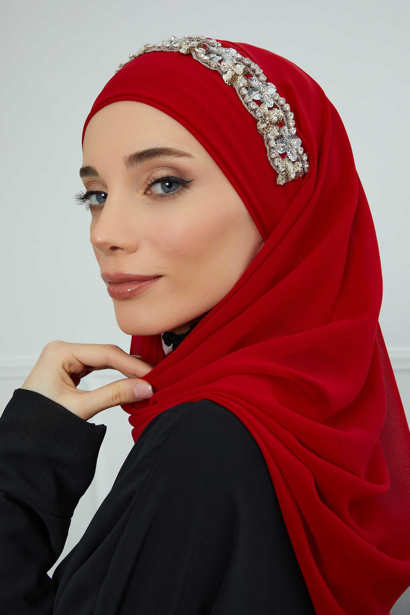 Luxuriöser Abend-Hijab mit eleganten Accessoires, Chiffon-Hochzeits-Hijab für besondere Anlässe mit goldenen oder silbernen Accessoire-Optionen, CPS-100