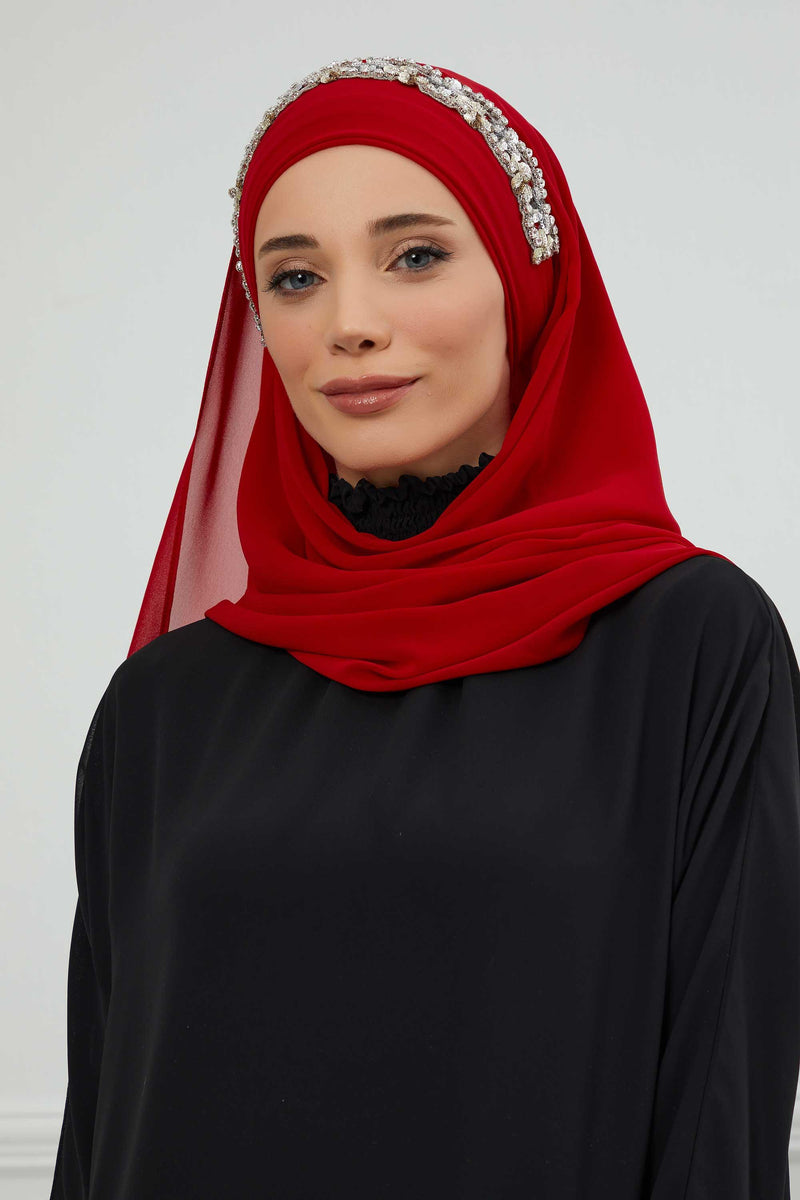 Luxuriöser Abend-Hijab mit eleganten Accessoires, Chiffon-Hochzeits-Hijab für besondere Anlässe mit goldenen oder silbernen Accessoire-Optionen, CPS-100