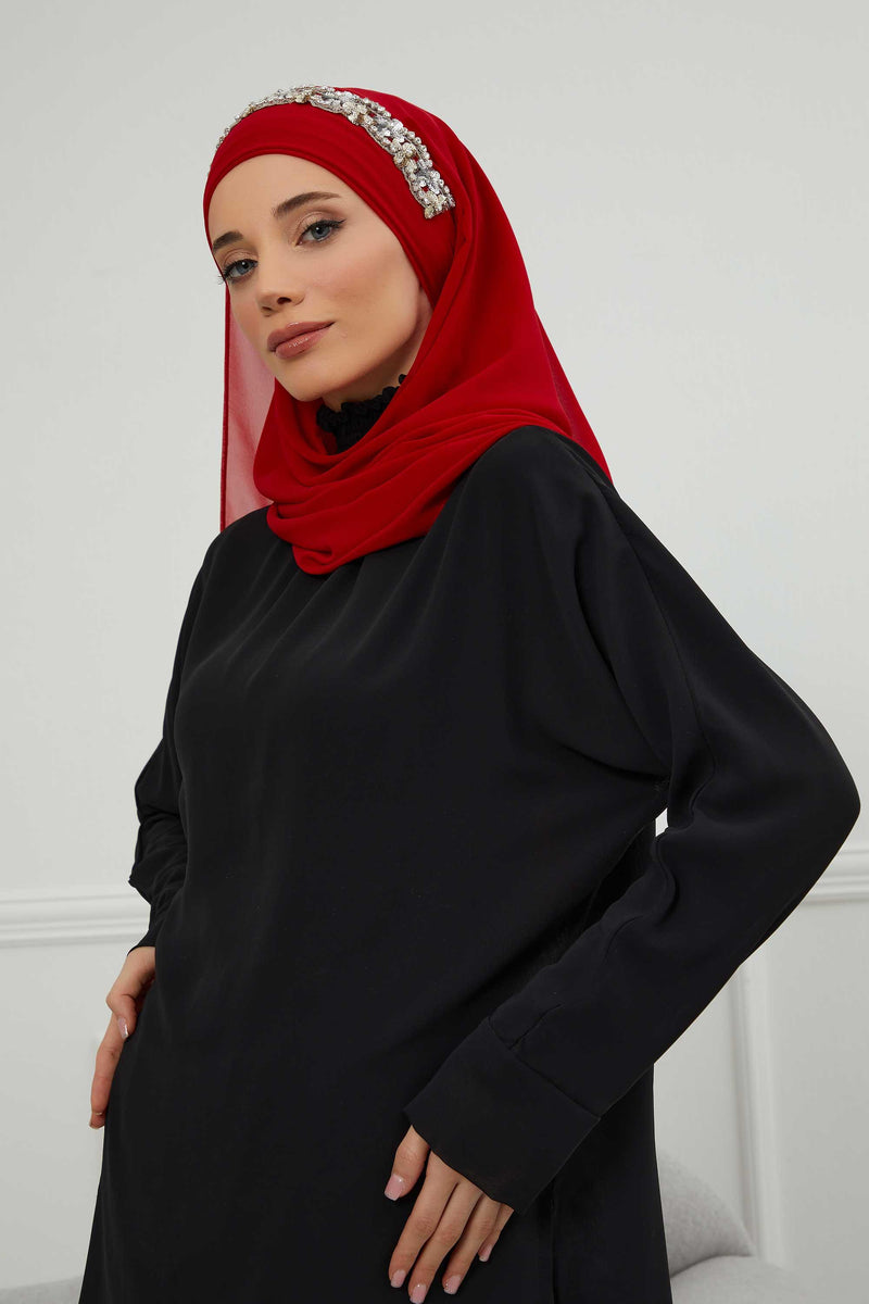Luxuriöser Abend-Hijab mit eleganten Accessoires, Chiffon-Hochzeits-Hijab für besondere Anlässe mit goldenen oder silbernen Accessoire-Optionen, CPS-100