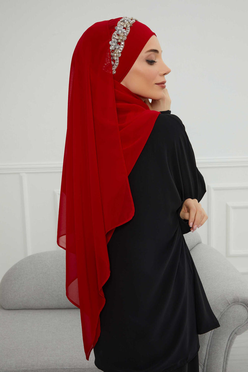 Luxuriöser Abend-Hijab mit eleganten Accessoires, Chiffon-Hochzeits-Hijab für besondere Anlässe mit goldenen oder silbernen Accessoire-Optionen, CPS-100
