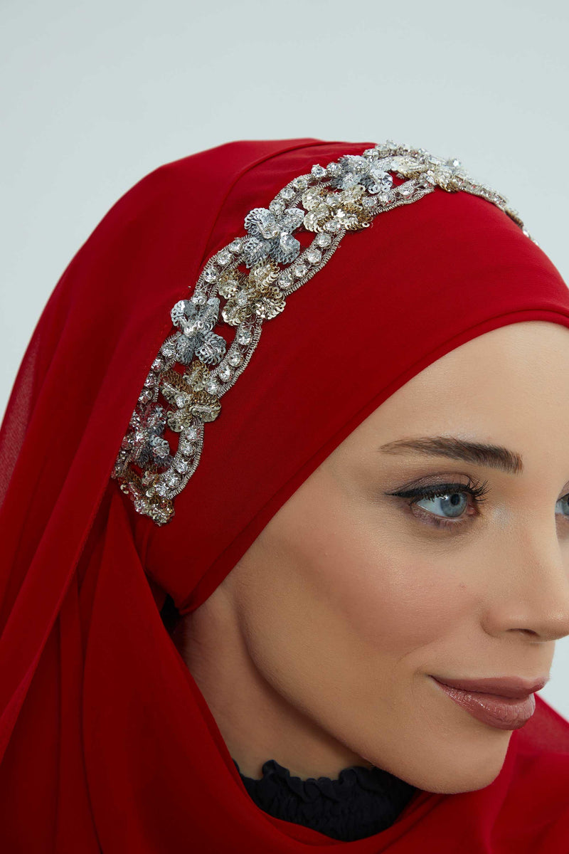Luxuriöser Abend-Hijab mit eleganten Accessoires, Chiffon-Hochzeits-Hijab für besondere Anlässe mit goldenen oder silbernen Accessoire-Optionen, CPS-100
