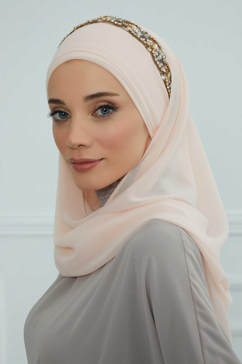 Luxuriöser Abend-Hijab mit eleganten Accessoires, Chiffon-Hochzeits-Hijab für besondere Anlässe mit goldenen oder silbernen Accessoire-Optionen, CPS-100