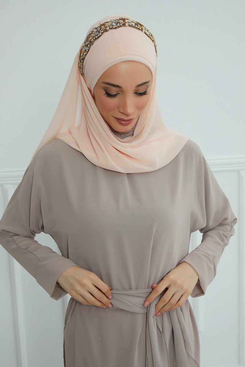 Luxuriöser Abend-Hijab mit eleganten Accessoires, Chiffon-Hochzeits-Hijab für besondere Anlässe mit goldenen oder silbernen Accessoire-Optionen, CPS-100