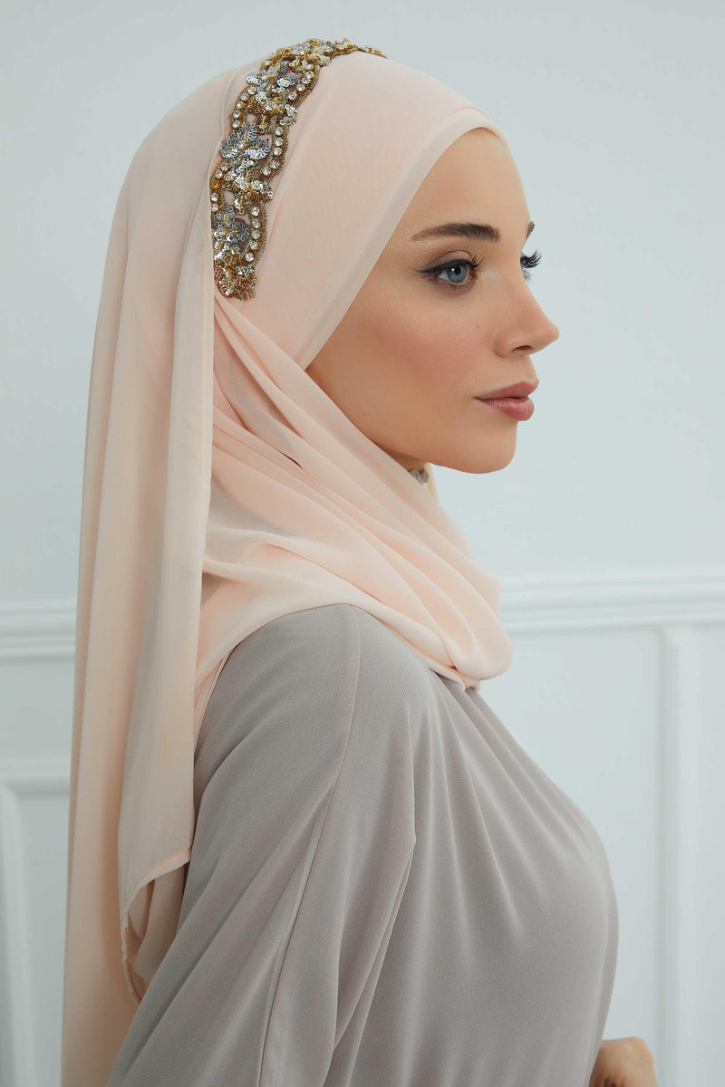 Luxuriöser Abend-Hijab mit eleganten Accessoires, Chiffon-Hochzeits-Hijab für besondere Anlässe mit goldenen oder silbernen Accessoire-Optionen, CPS-100