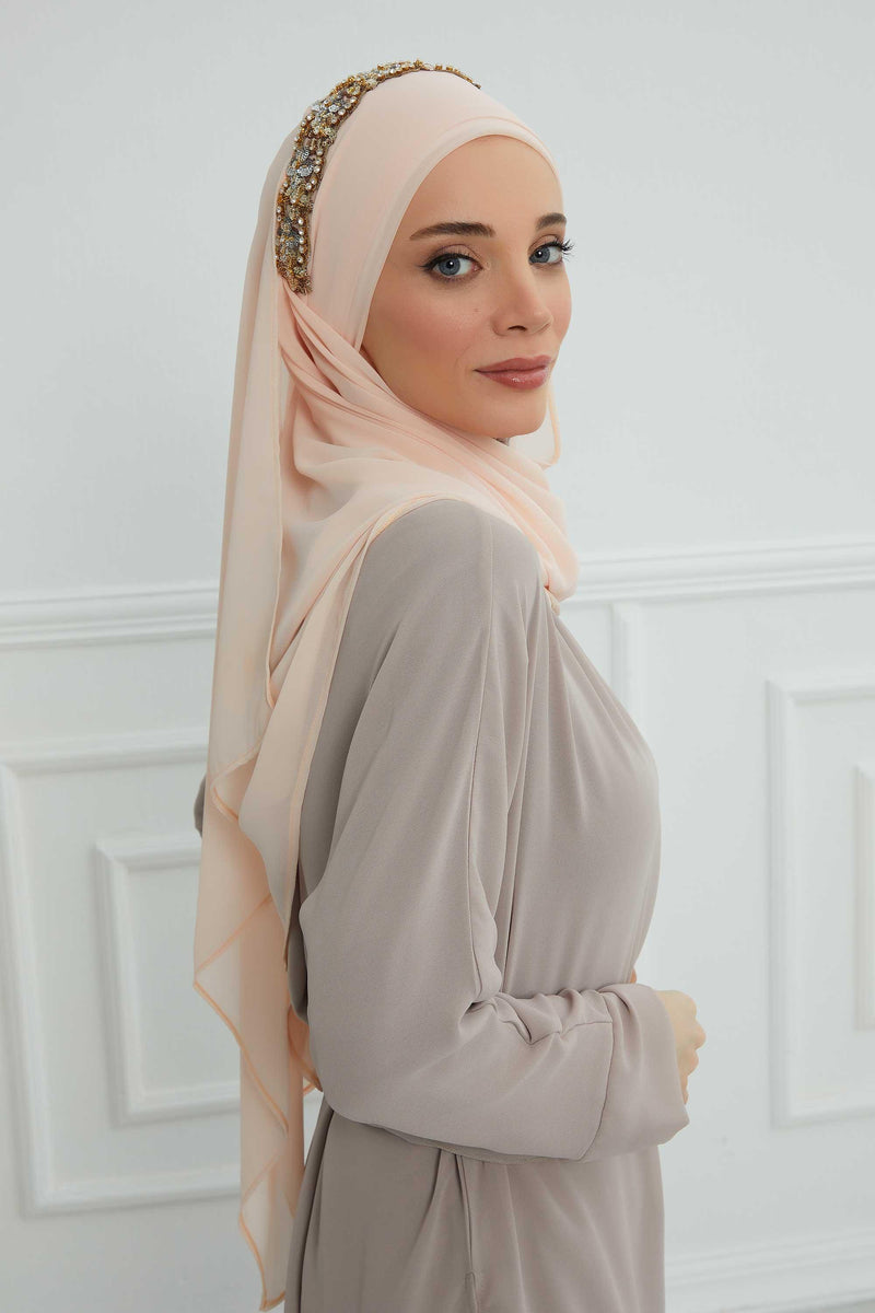 Luxuriöser Abend-Hijab mit eleganten Accessoires, Chiffon-Hochzeits-Hijab für besondere Anlässe mit goldenen oder silbernen Accessoire-Optionen, CPS-100