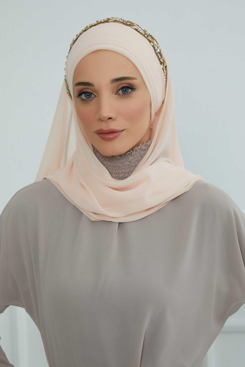 Luxuriöser Abend-Hijab mit eleganten Accessoires, Chiffon-Hochzeits-Hijab für besondere Anlässe mit goldenen oder silbernen Accessoire-Optionen, CPS-100
