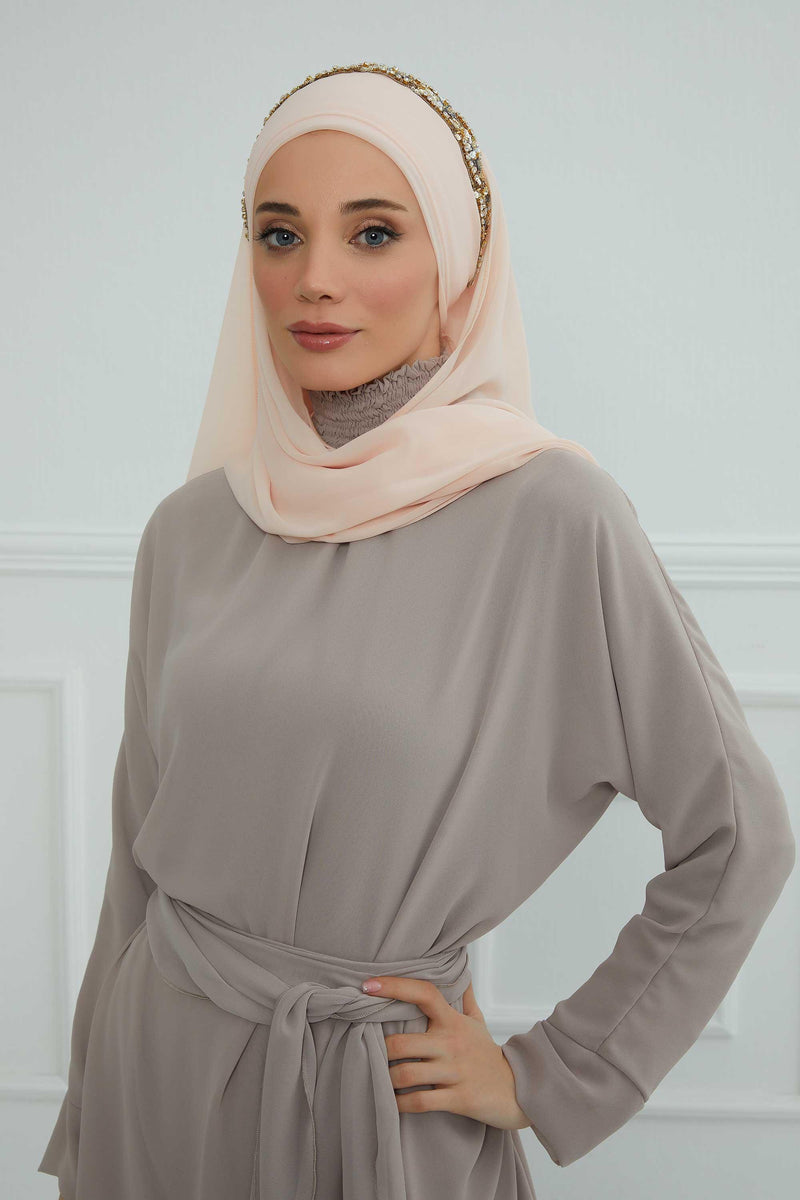 Luxuriöser Abend-Hijab mit eleganten Accessoires, Chiffon-Hochzeits-Hijab für besondere Anlässe mit goldenen oder silbernen Accessoire-Optionen, CPS-100