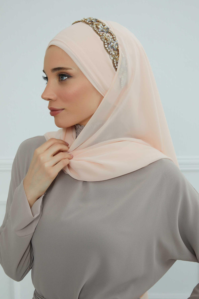 Luxuriöser Abend-Hijab mit eleganten Accessoires, Chiffon-Hochzeits-Hijab für besondere Anlässe mit goldenen oder silbernen Accessoire-Optionen, CPS-100