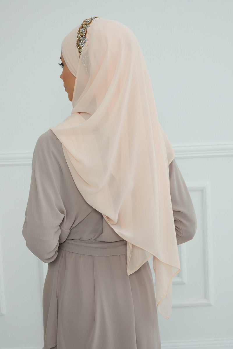 Luxuriöser Abend-Hijab mit eleganten Accessoires, Chiffon-Hochzeits-Hijab für besondere Anlässe mit goldenen oder silbernen Accessoire-Optionen, CPS-100