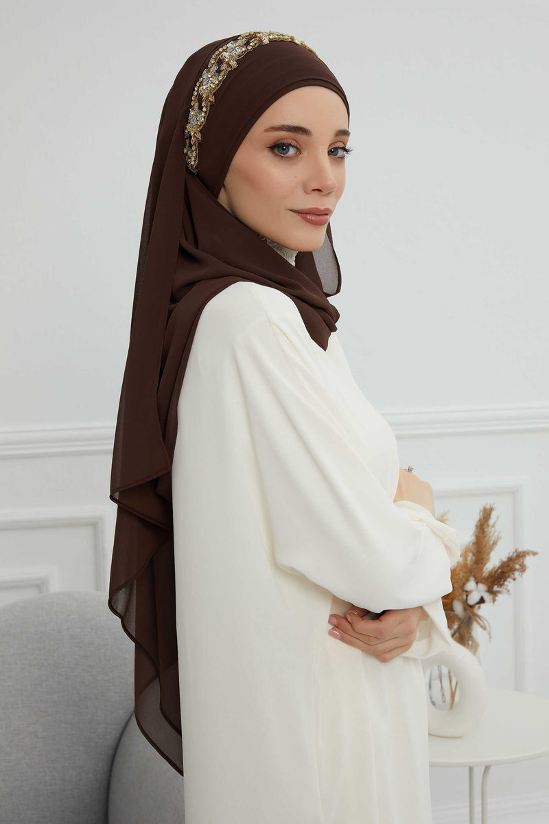Luxuriöser Abend-Hijab mit eleganten Accessoires, Chiffon-Hochzeits-Hijab für besondere Anlässe mit goldenen oder silbernen Accessoire-Optionen, CPS-100