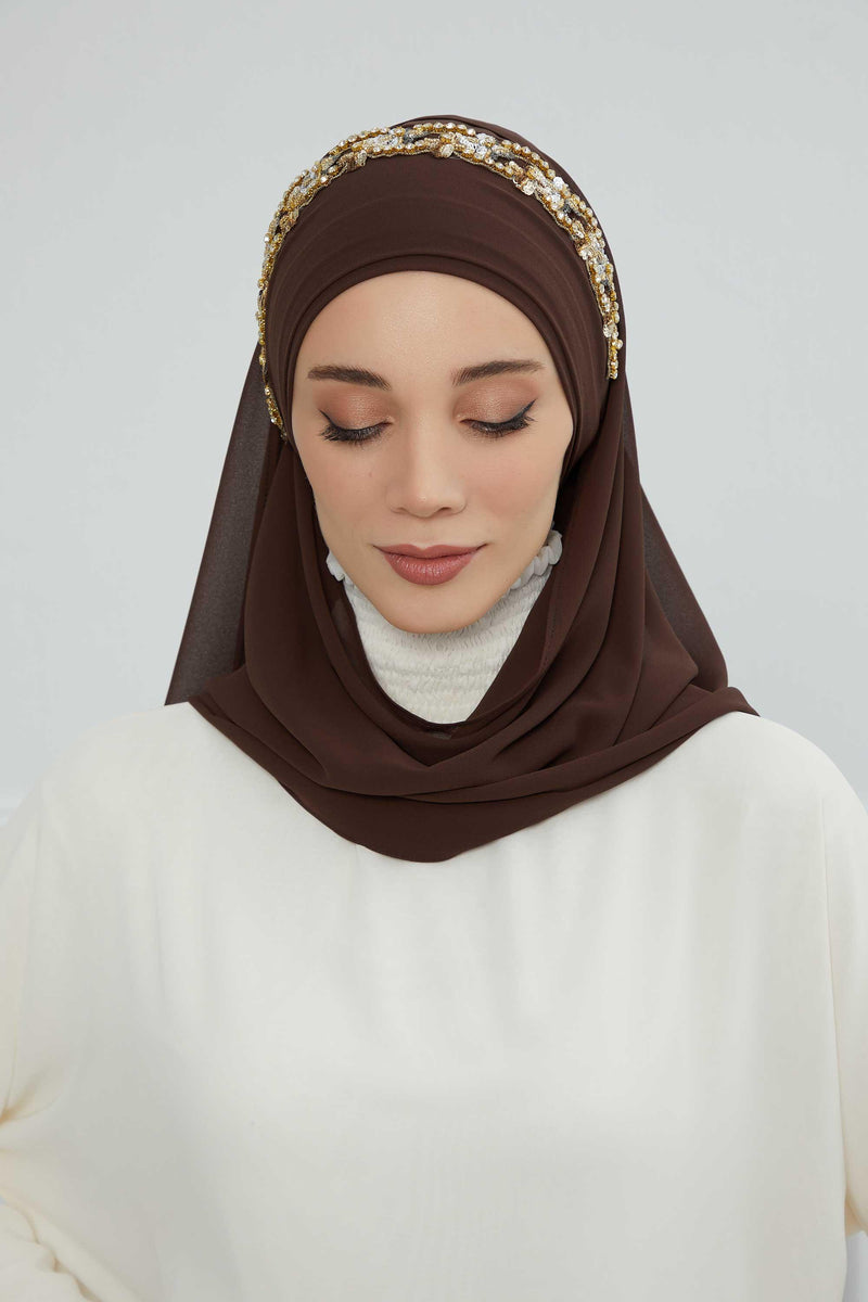 Luxuriöser Abend-Hijab mit eleganten Accessoires, Chiffon-Hochzeits-Hijab für besondere Anlässe mit goldenen oder silbernen Accessoire-Optionen, CPS-100
