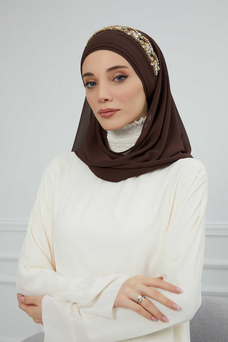 Luxuriöser Abend-Hijab mit eleganten Accessoires, Chiffon-Hochzeits-Hijab für besondere Anlässe mit goldenen oder silbernen Accessoire-Optionen, CPS-100