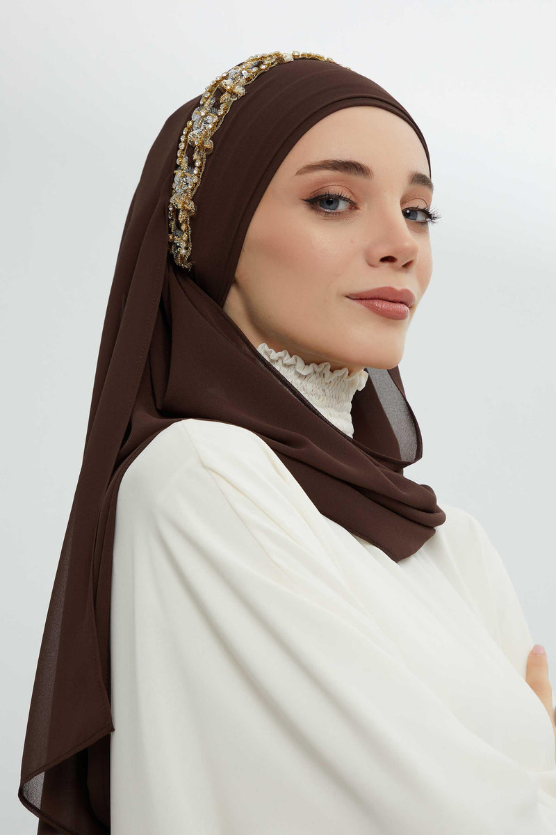 Luxuriöser Abend-Hijab mit eleganten Accessoires, Chiffon-Hochzeits-Hijab für besondere Anlässe mit goldenen oder silbernen Accessoire-Optionen, CPS-100