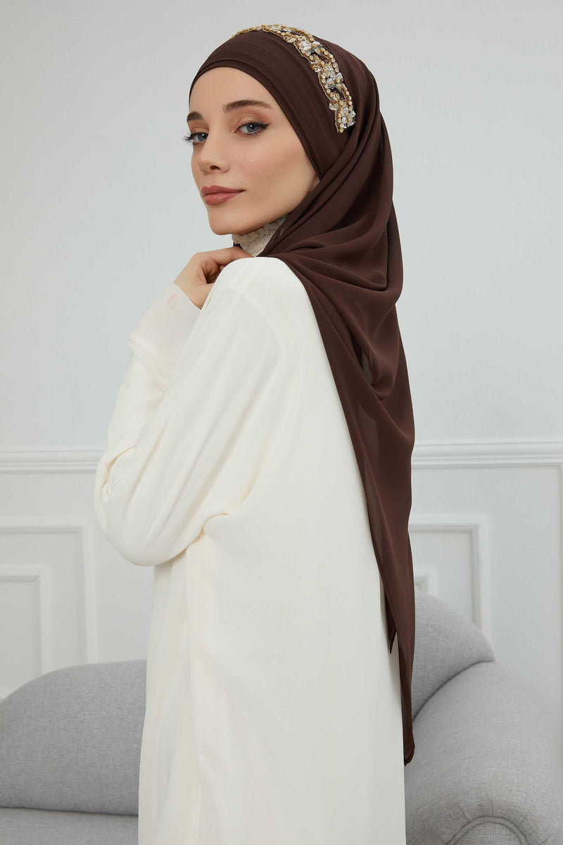 Luxuriöser Abend-Hijab mit eleganten Accessoires, Chiffon-Hochzeits-Hijab für besondere Anlässe mit goldenen oder silbernen Accessoire-Optionen, CPS-100