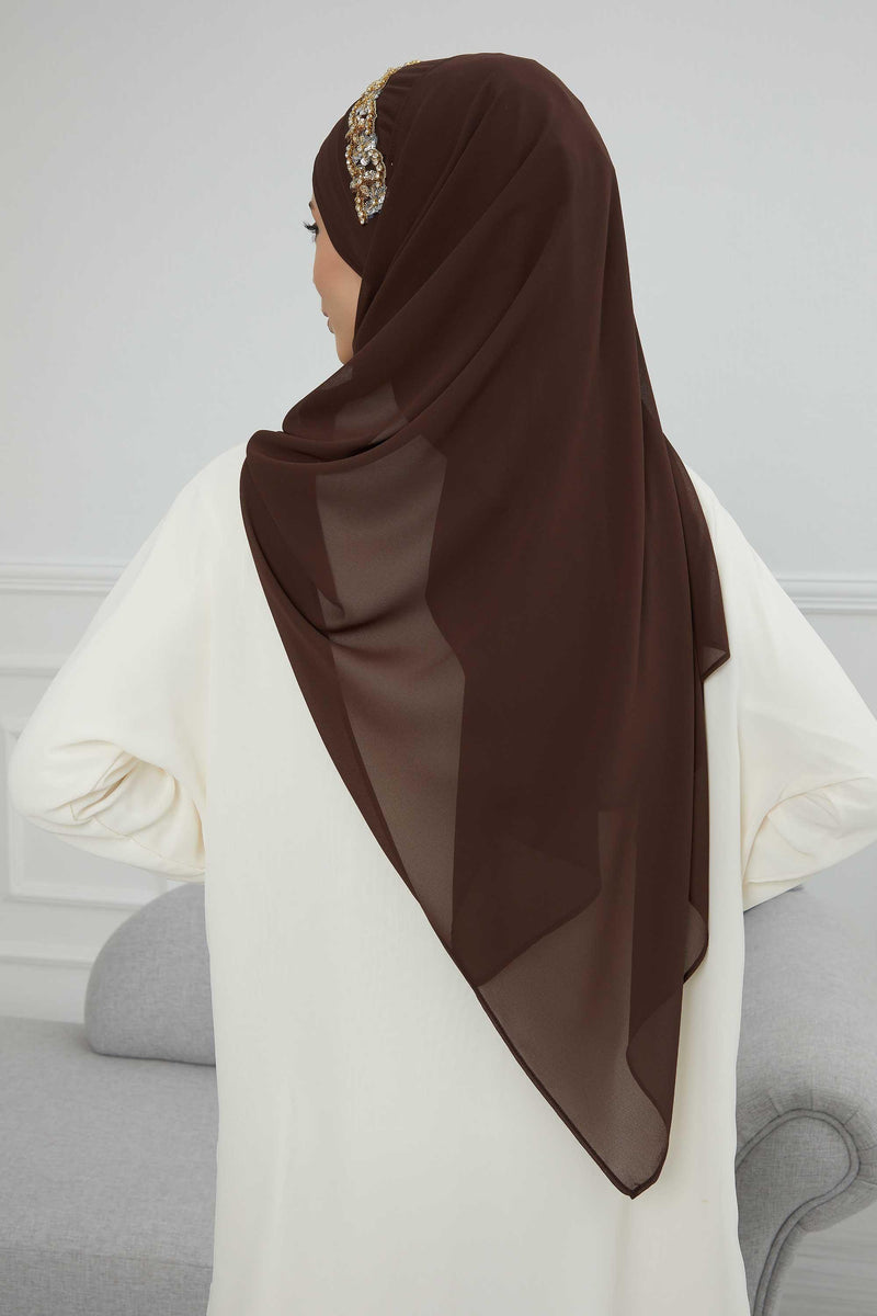 Luxuriöser Abend-Hijab mit eleganten Accessoires, Chiffon-Hochzeits-Hijab für besondere Anlässe mit goldenen oder silbernen Accessoire-Optionen, CPS-100