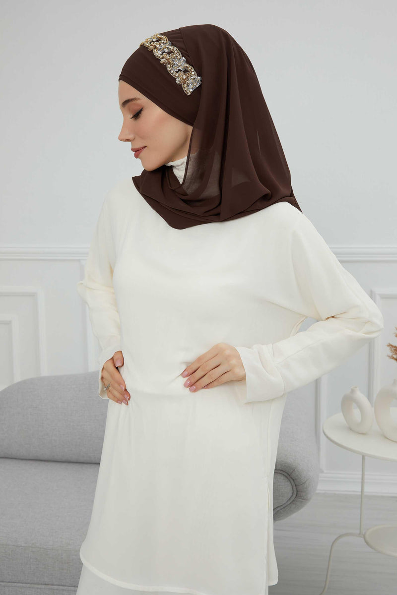 Luxuriöser Abend-Hijab mit eleganten Accessoires, Chiffon-Hochzeits-Hijab für besondere Anlässe mit goldenen oder silbernen Accessoire-Optionen, CPS-100