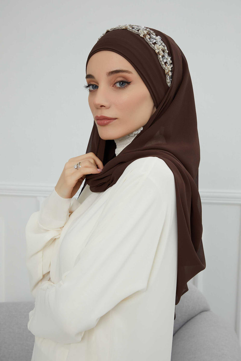 Luxuriöser Abend-Hijab mit eleganten Accessoires, Chiffon-Hochzeits-Hijab für besondere Anlässe mit goldenen oder silbernen Accessoire-Optionen, CPS-100