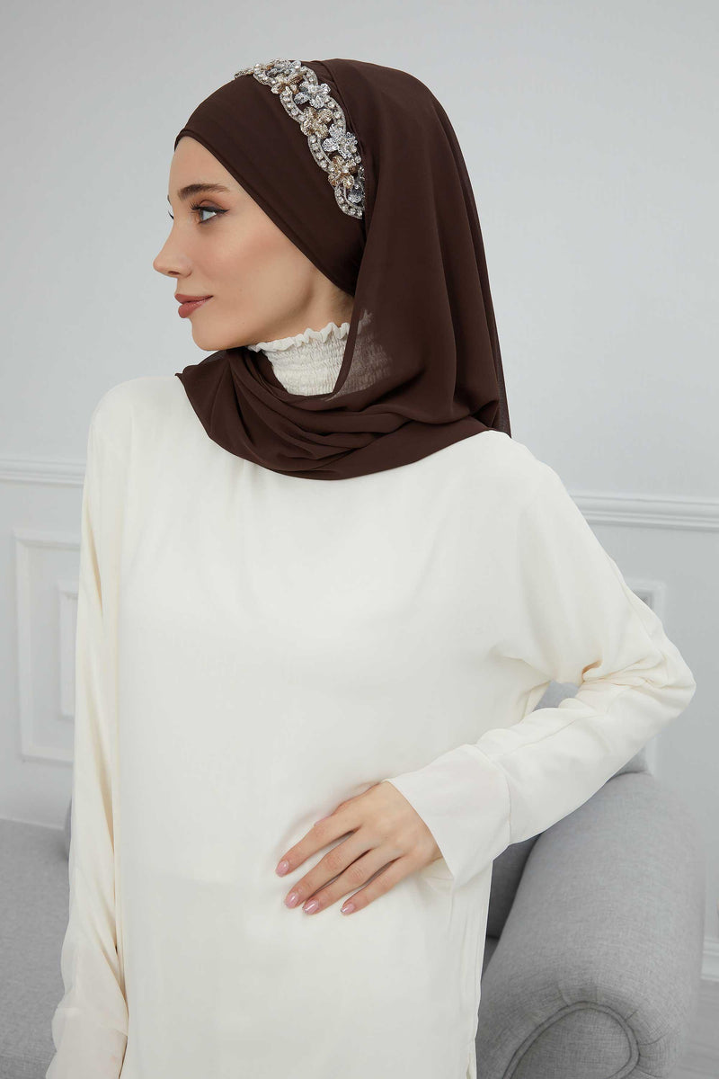 Luxuriöser Abend-Hijab mit eleganten Accessoires, Chiffon-Hochzeits-Hijab für besondere Anlässe mit goldenen oder silbernen Accessoire-Optionen, CPS-100