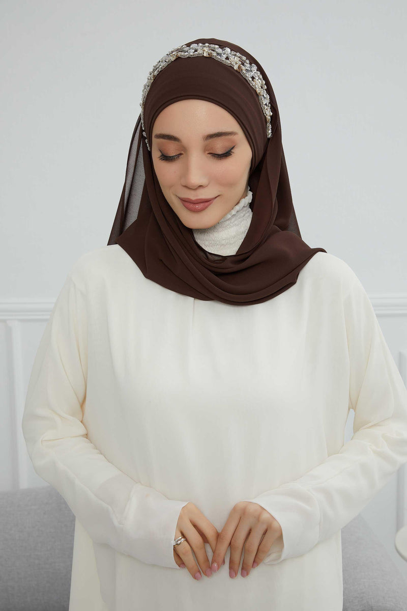 Luxuriöser Abend-Hijab mit eleganten Accessoires, Chiffon-Hochzeits-Hijab für besondere Anlässe mit goldenen oder silbernen Accessoire-Optionen, CPS-100