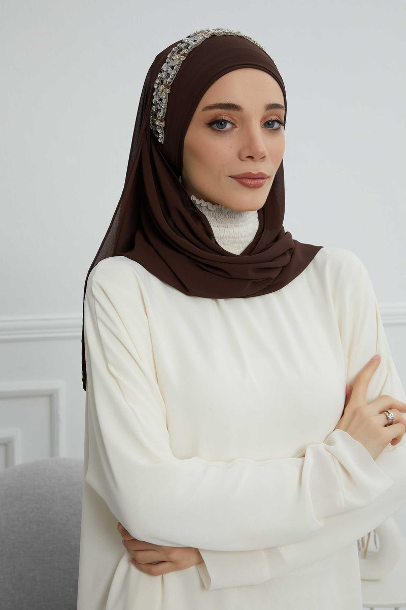 Luxuriöser Abend-Hijab mit eleganten Accessoires, Chiffon-Hochzeits-Hijab für besondere Anlässe mit goldenen oder silbernen Accessoire-Optionen, CPS-100