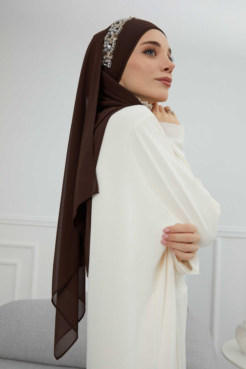 Luxuriöser Abend-Hijab mit eleganten Accessoires, Chiffon-Hochzeits-Hijab für besondere Anlässe mit goldenen oder silbernen Accessoire-Optionen, CPS-100