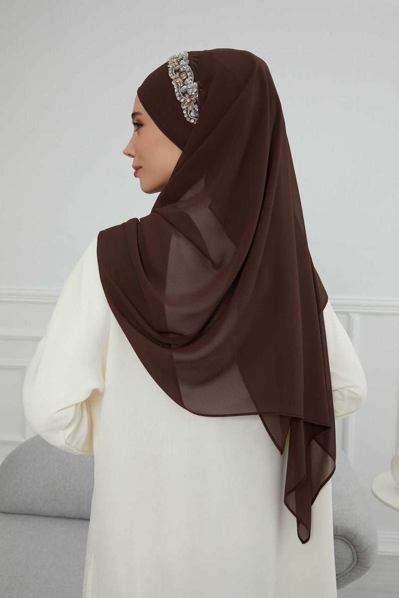 Luxuriöser Abend-Hijab mit eleganten Accessoires, Chiffon-Hochzeits-Hijab für besondere Anlässe mit goldenen oder silbernen Accessoire-Optionen, CPS-100
