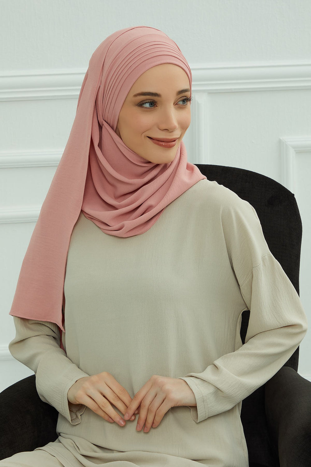Luxury Instant Pleated Shawl Hijab for Women, Modest Wear Lightweight Aerobin Scarf, Practical Pleated Headscarf for Work, Travel & Events,CPS-90 Pink