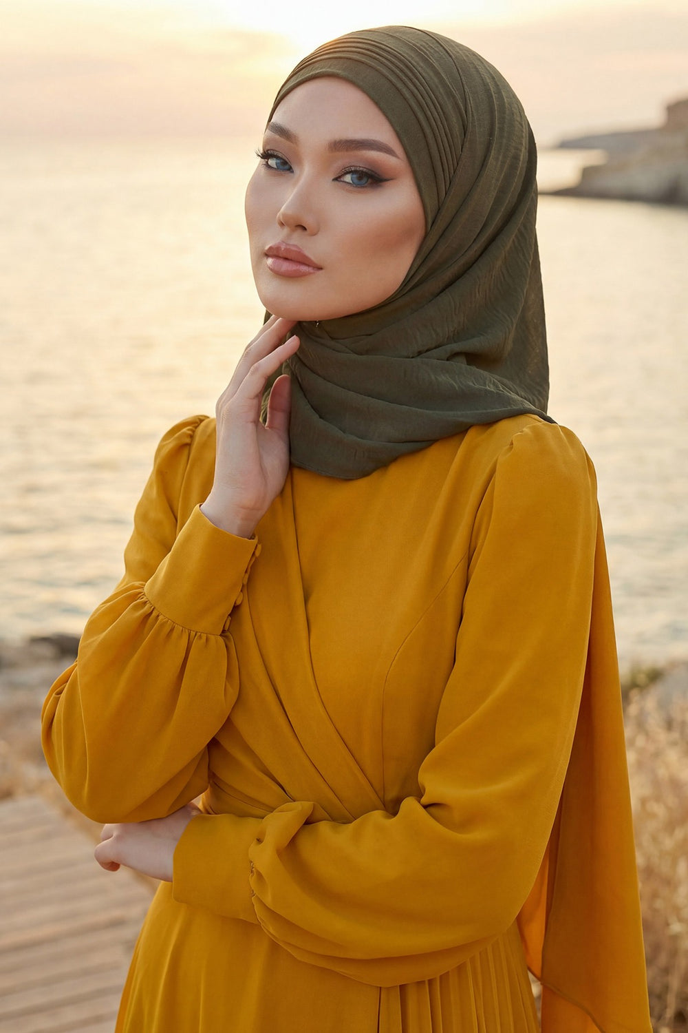 Luxury Instant Pleated Shawl Hijab for Women, Modest Wear Lightweight Aerobin Scarf, Practical Pleated Headscarf for Work, Travel & Events,CPS-90 Army Green