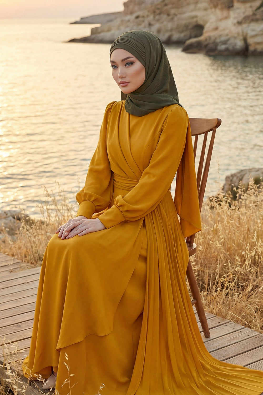 Luxury Instant Pleated Shawl Hijab for Women, Modest Wear Lightweight Aerobin Scarf, Practical Pleated Headscarf for Work, Travel & Events,CPS-90 Army Green