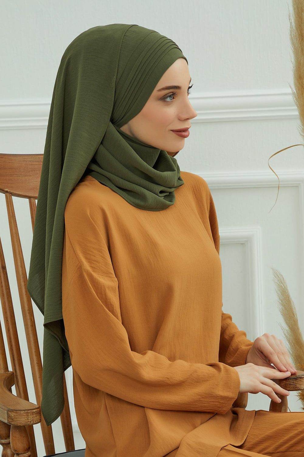 Luxury Instant Pleated Shawl Hijab for Women, Modest Wear Lightweight Aerobin Scarf, Practical Pleated Headscarf for Work, Travel & Events,CPS-90 Army Green