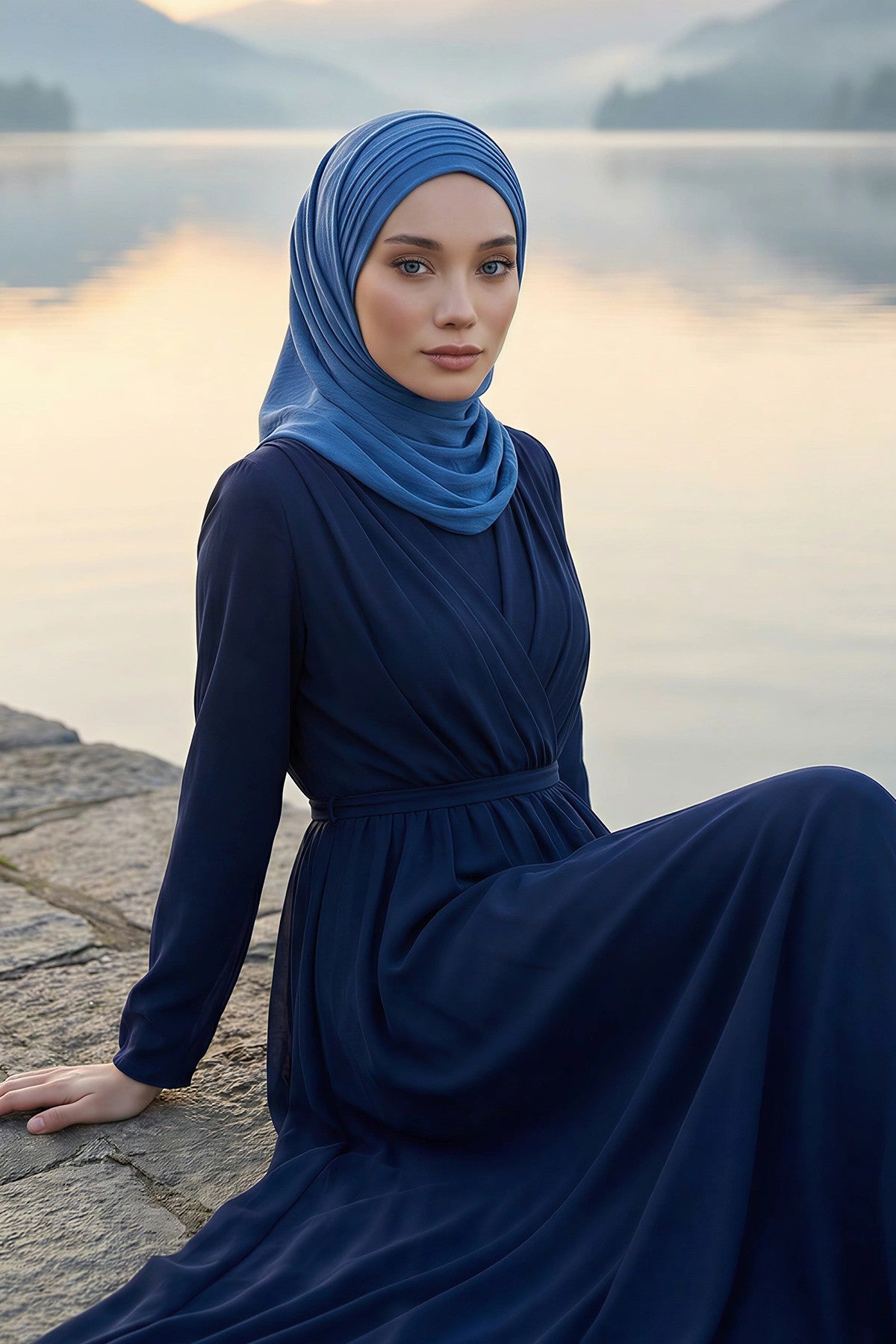 Luxury Instant Pleated Shawl Hijab for Women, Modest Wear Lightweight Aerobin Scarf, Practical Pleated Headscarf for Work, Travel & Events,CPS-90 Blue