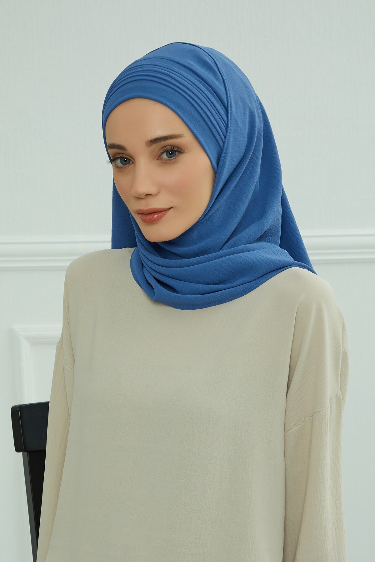Luxury Instant Pleated Shawl Hijab for Women, Modest Wear Lightweight Aerobin Scarf, Practical Pleated Headscarf for Work, Travel & Events,CPS-90 Blue