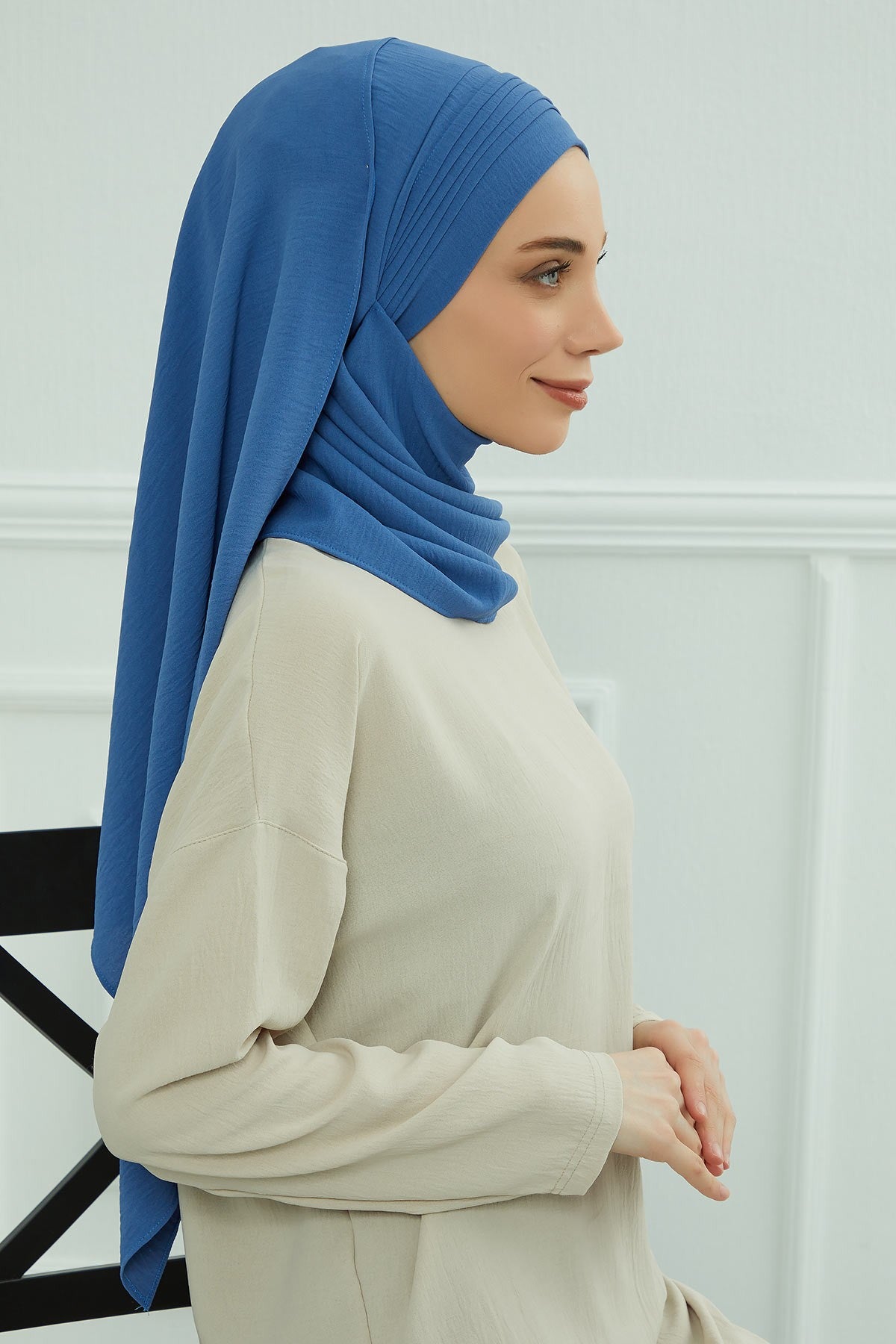 Luxury Instant Pleated Shawl Hijab for Women, Modest Wear Lightweight Aerobin Scarf, Practical Pleated Headscarf for Work, Travel & Events,CPS-90 Blue