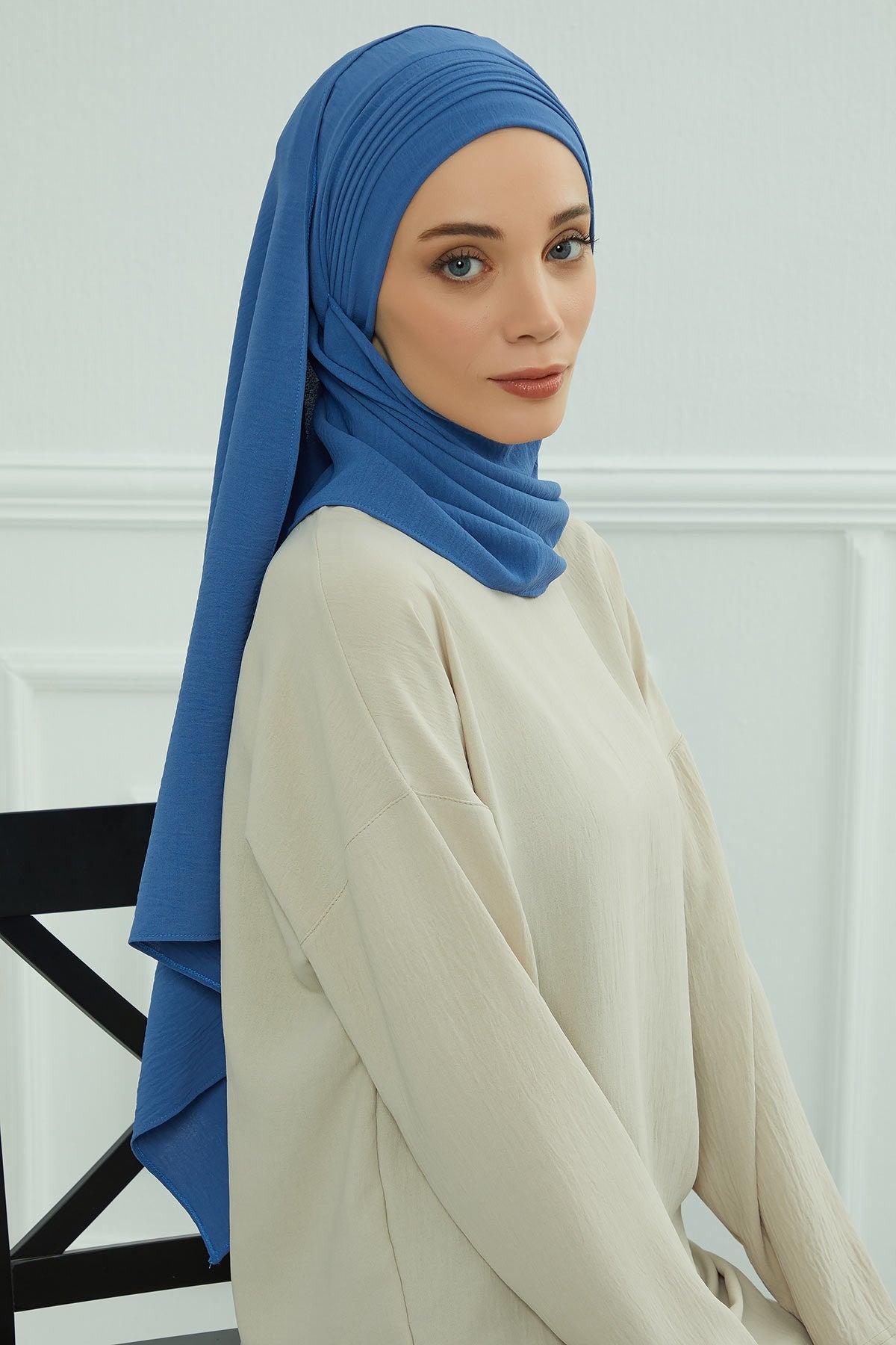 Luxury Instant Pleated Shawl Hijab for Women, Modest Wear Lightweight Aerobin Scarf, Practical Pleated Headscarf for Work, Travel & Events,CPS-90 Blue