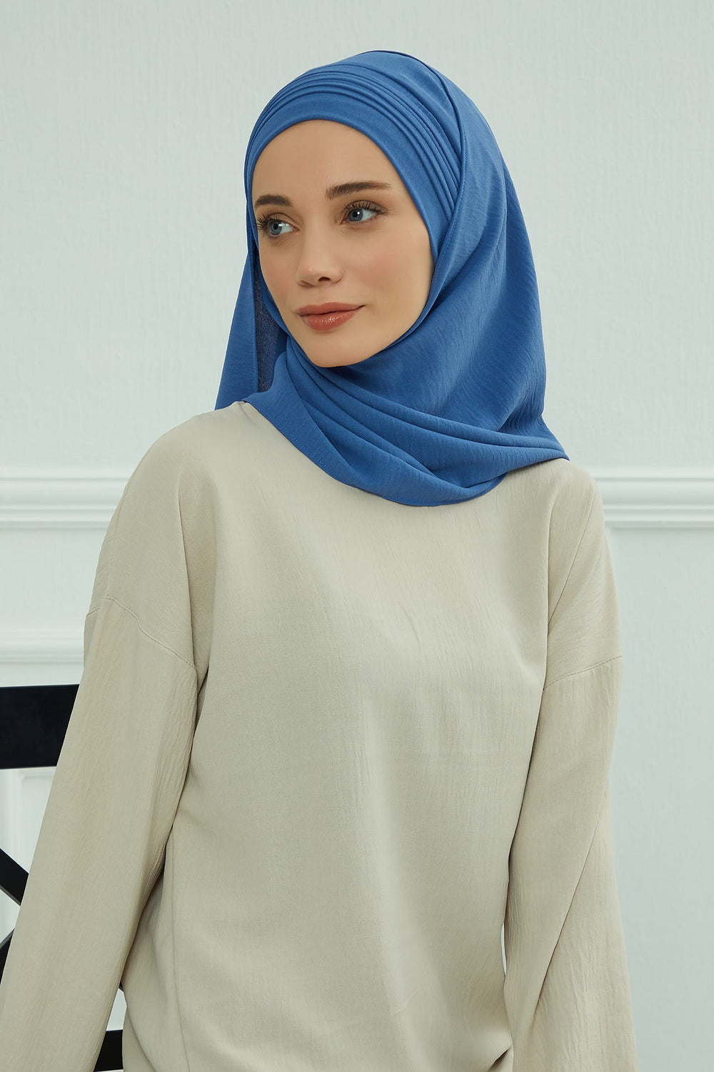 Luxury Instant Pleated Shawl Hijab for Women, Modest Wear Lightweight Aerobin Scarf, Practical Pleated Headscarf for Work, Travel & Events,CPS-90 Blue