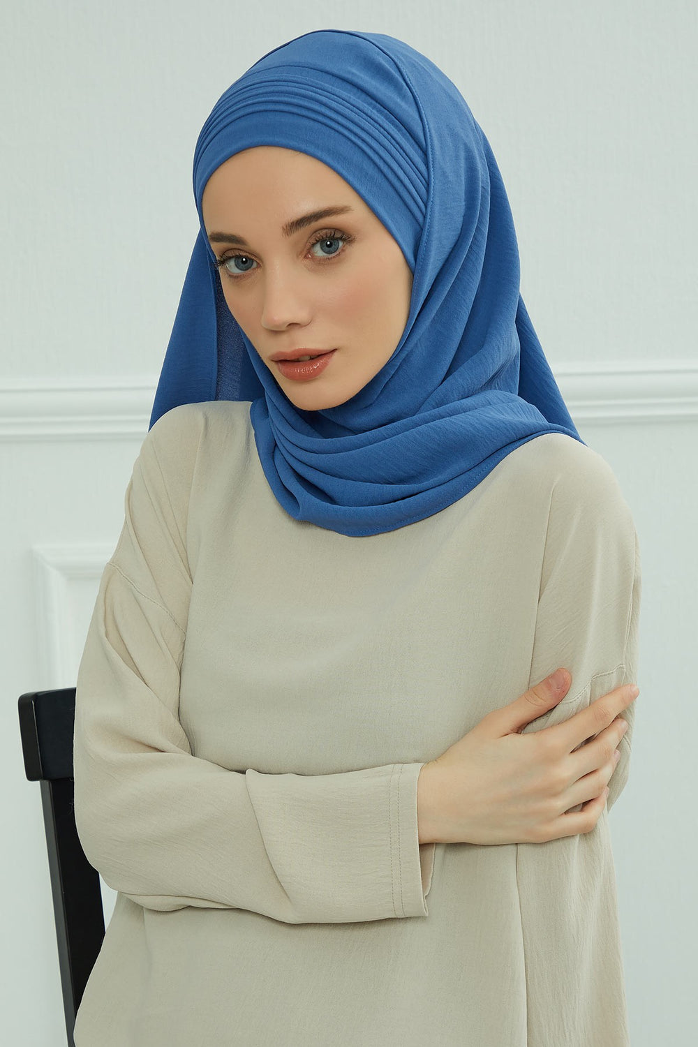 Luxury Instant Pleated Shawl Hijab for Women, Modest Wear Lightweight Aerobin Scarf, Practical Pleated Headscarf for Work, Travel & Events,CPS-90 Blue