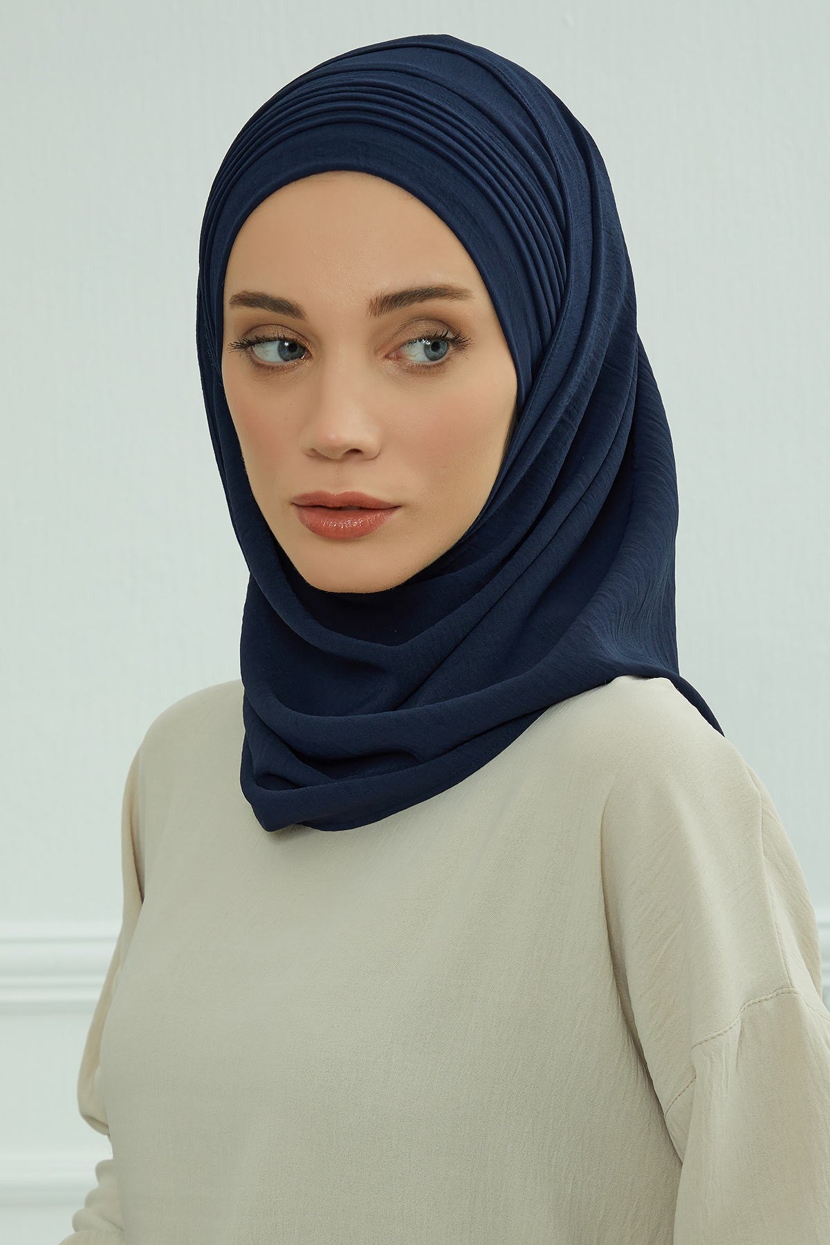 Luxury Instant Pleated Shawl Hijab for Women, Modest Wear Lightweight Aerobin Scarf, Practical Pleated Headscarf for Work, Travel & Events,CPS-90 Navy Blue