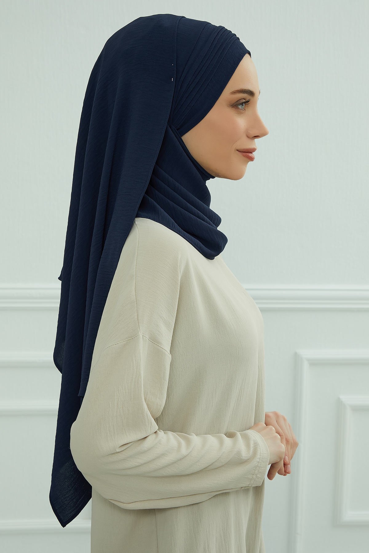 Luxury Instant Pleated Shawl Hijab for Women, Modest Wear Lightweight Aerobin Scarf, Practical Pleated Headscarf for Work, Travel & Events,CPS-90 Navy Blue