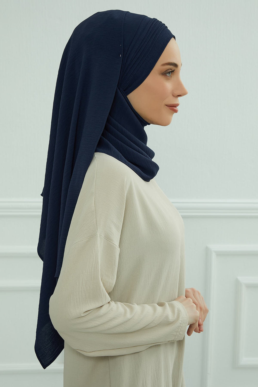 Luxury Instant Pleated Shawl Hijab for Women, Modest Wear Lightweight Aerobin Scarf, Practical Pleated Headscarf for Work, Travel & Events,CPS-90 Navy Blue