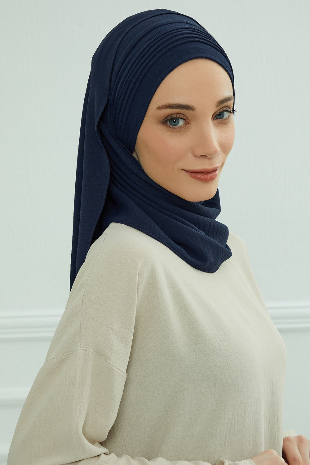 Luxury Instant Pleated Shawl Hijab for Women, Modest Wear Lightweight Aerobin Scarf, Practical Pleated Headscarf for Work, Travel & Events,CPS-90 Navy Blue