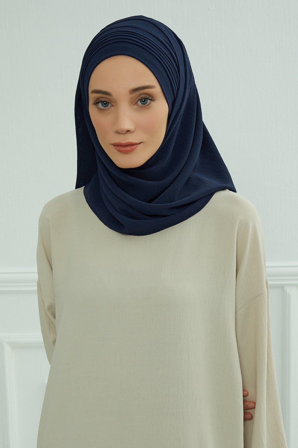 Luxury Instant Pleated Shawl Hijab for Women, Modest Wear Lightweight Aerobin Scarf, Practical Pleated Headscarf for Work, Travel & Events,CPS-90 Navy Blue