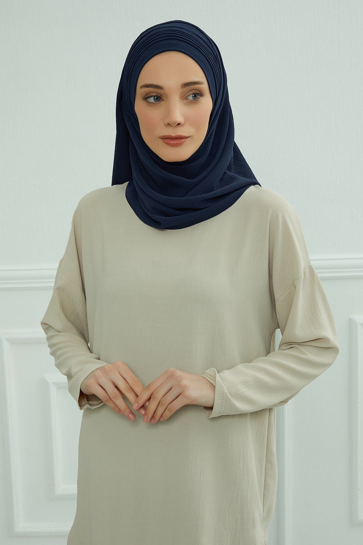 Luxury Instant Pleated Shawl Hijab for Women, Modest Wear Lightweight Aerobin Scarf, Practical Pleated Headscarf for Work, Travel & Events,CPS-90 Navy Blue