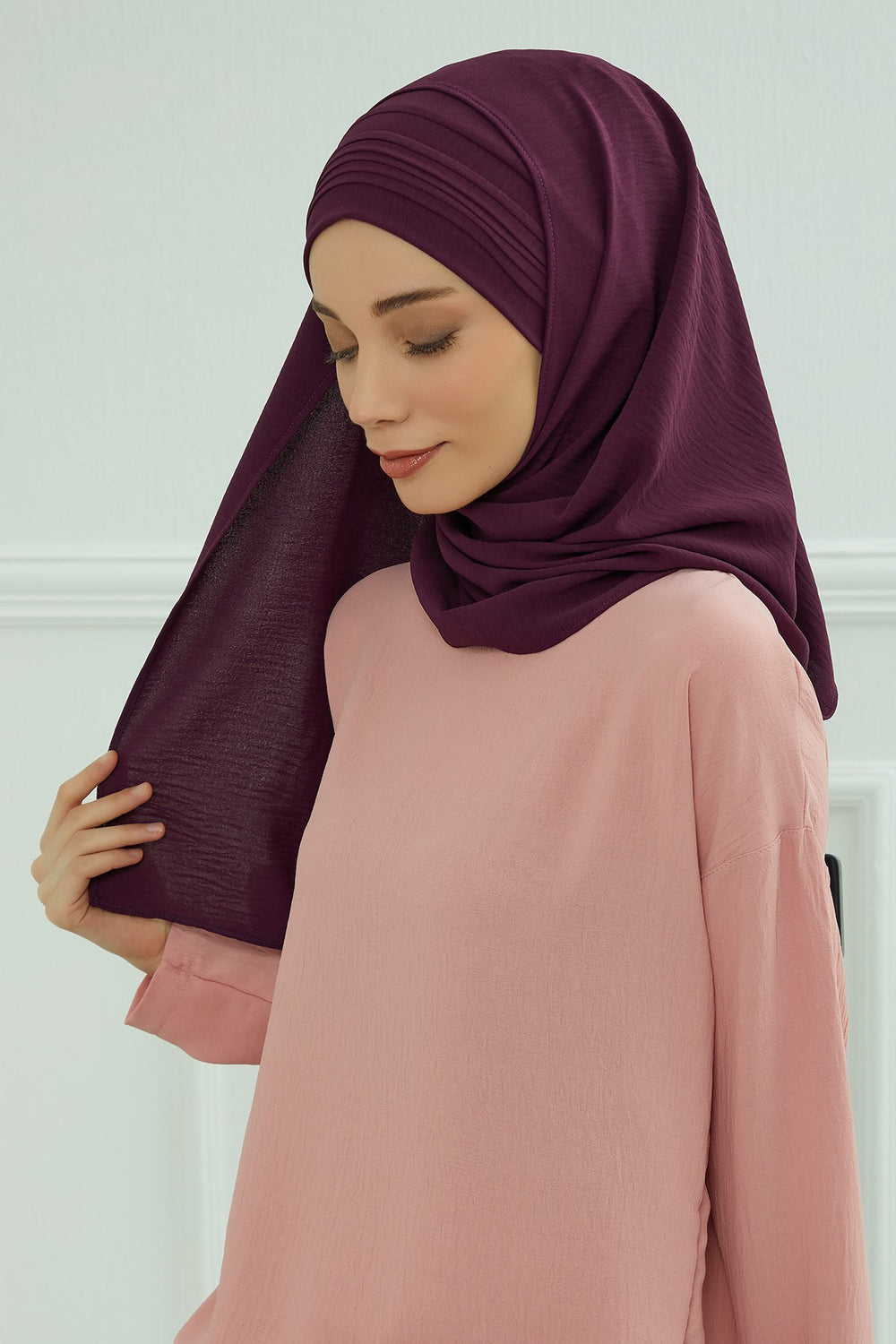 Luxury Instant Pleated Shawl Hijab for Women, Modest Wear Lightweight Aerobin Scarf, Practical Pleated Headscarf for Work, Travel & Events,CPS-90 Purple