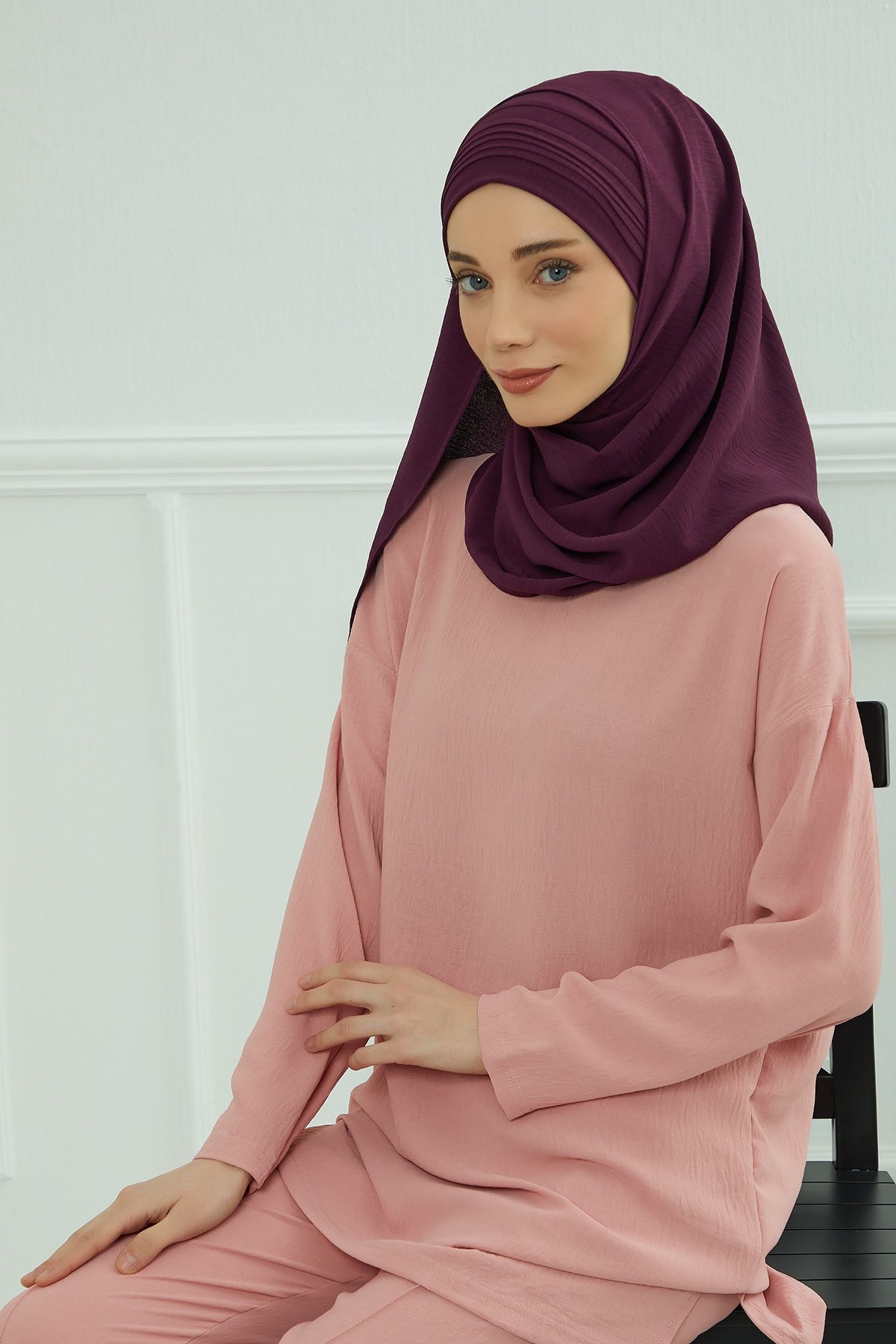 Luxury Instant Pleated Shawl Hijab for Women, Modest Wear Lightweight Aerobin Scarf, Practical Pleated Headscarf for Work, Travel & Events,CPS-90 Purple