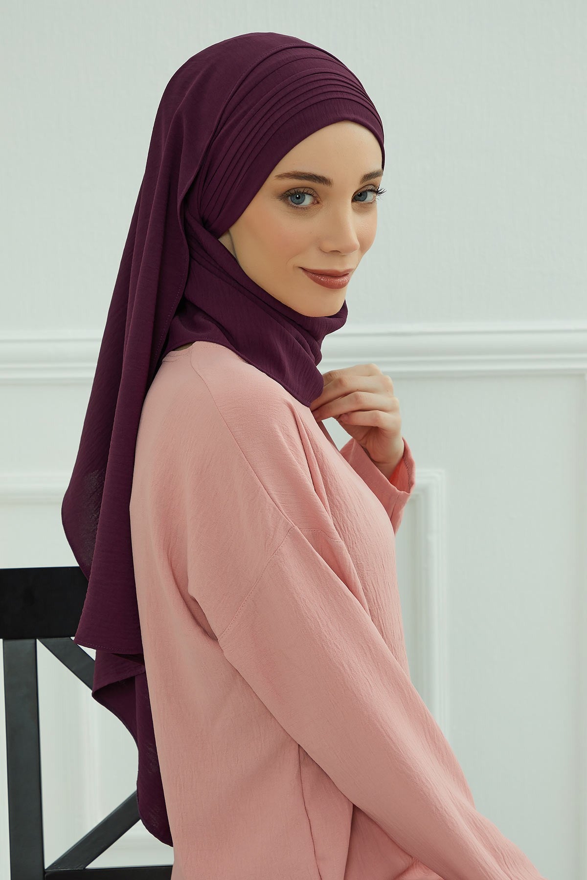 Luxury Instant Pleated Shawl Hijab for Women, Modest Wear Lightweight Aerobin Scarf, Practical Pleated Headscarf for Work, Travel & Events,CPS-90 Purple